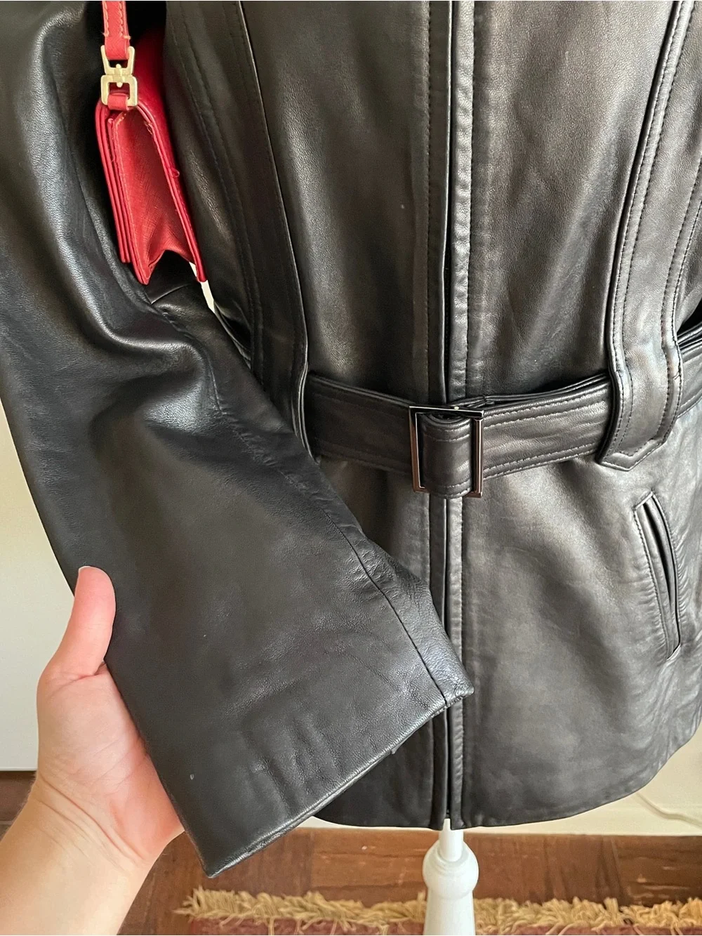 VTG Y2K Genuine Leather Jacket Womens Medium Black Belted Moto Biker Mock Neck